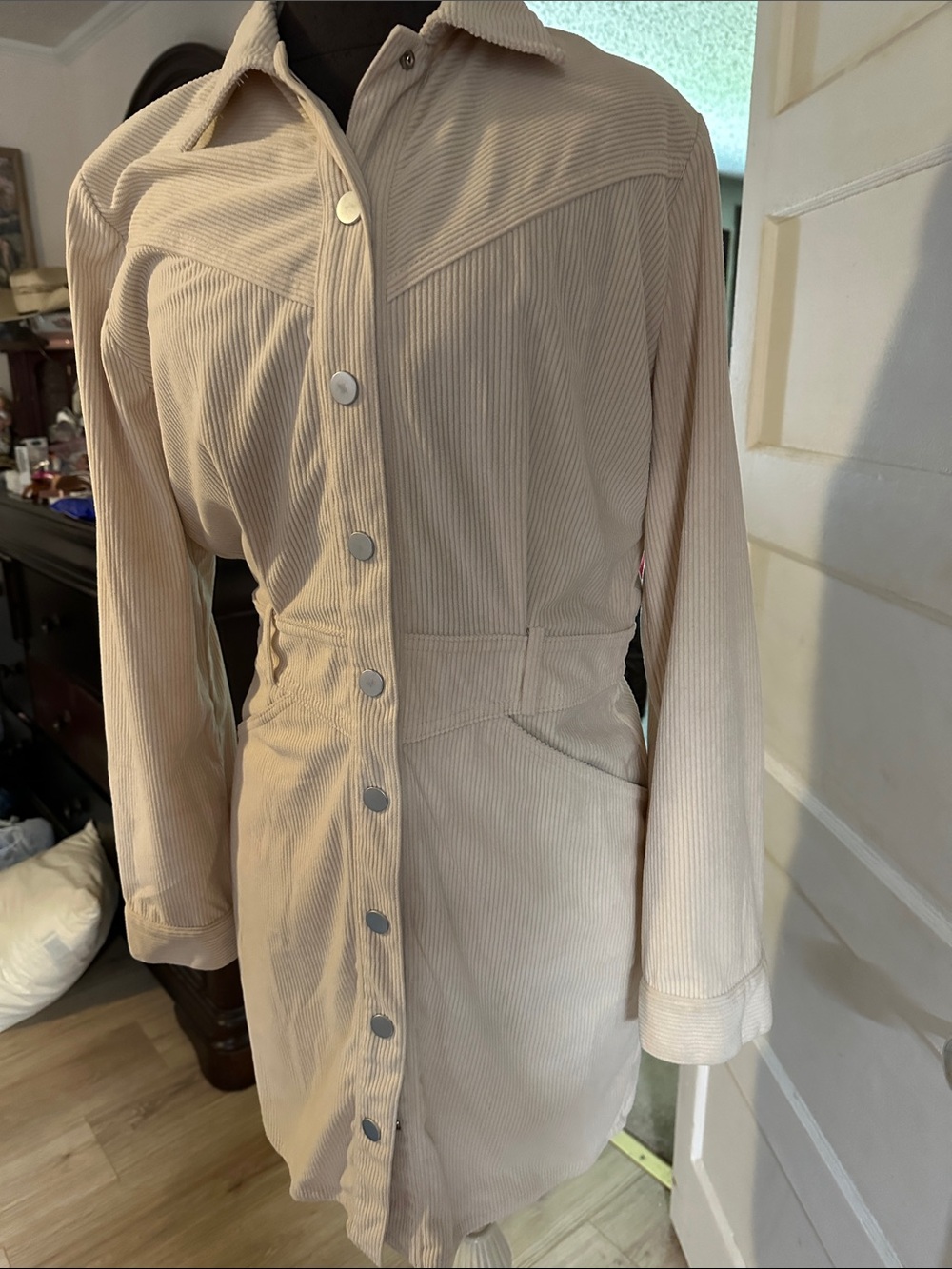 Beige Button-Front Corduroy western dress
